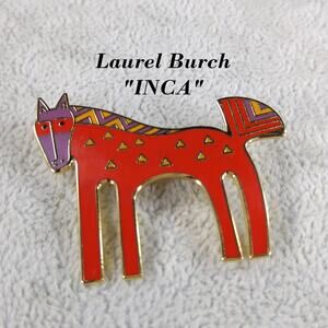 Laurel Burch "Inca" Red Horse Brooch, Cloisonné Gold Plated, 1980s Vintage